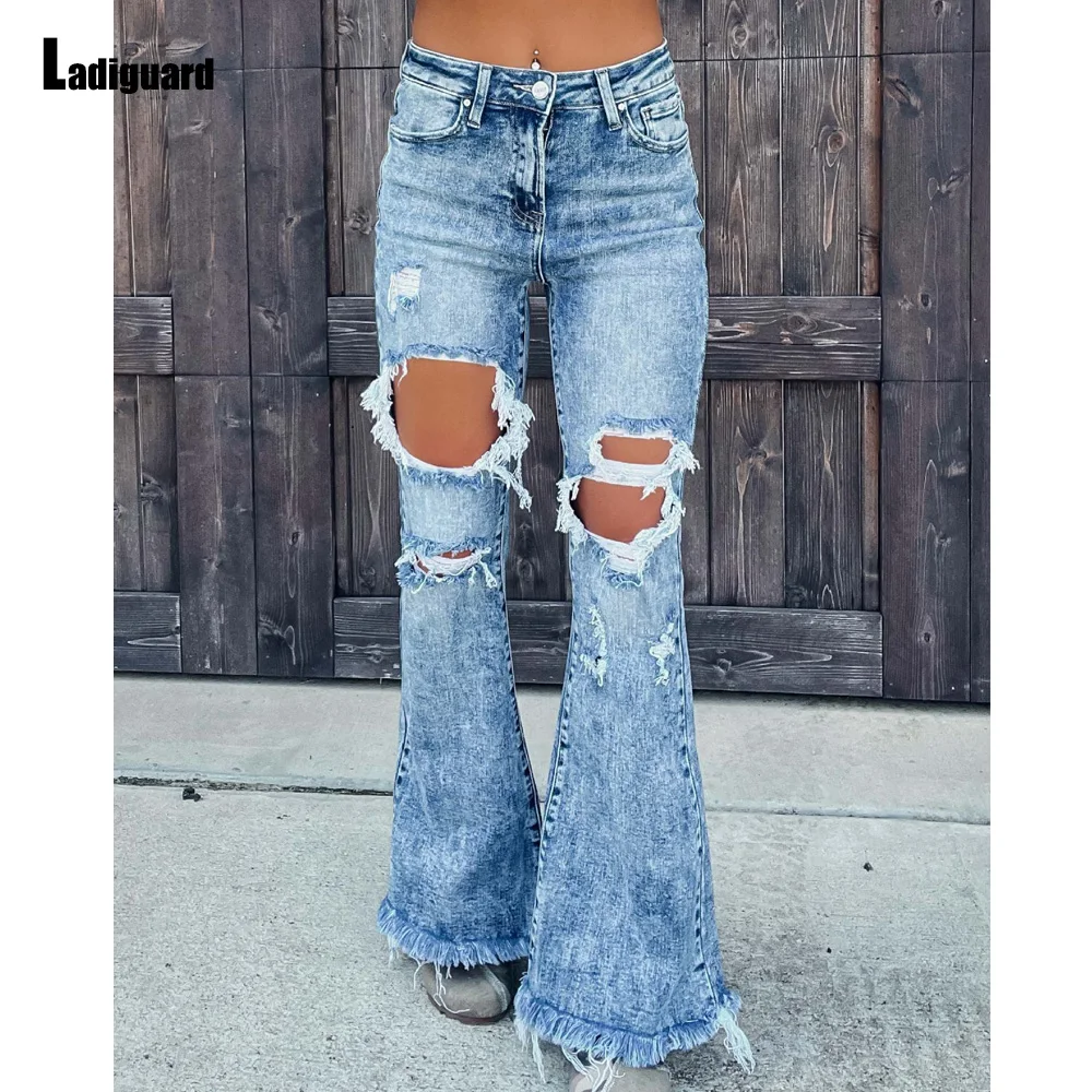 

Ladiguard Women's Boot Cut Demin Pants Boyfriend High Waist Flare Jeans Trouser 2023 European Fashion Hole Ripped Demin Pants