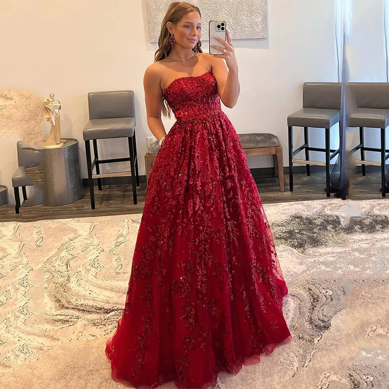 

Doymeny Strapless A-line Prom Dresses Girls Birthday Evening Sequined Formal Party Wear Vestido De Gala