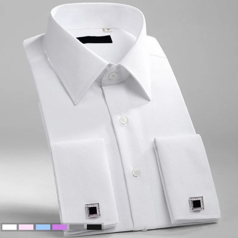 

M~6XL Mens French Cuff Dress Shirt 2024New Long Sleeve Formal Business Buttons Shirts Regular Fit Cufflinks Wedding Tuxedo Shirt