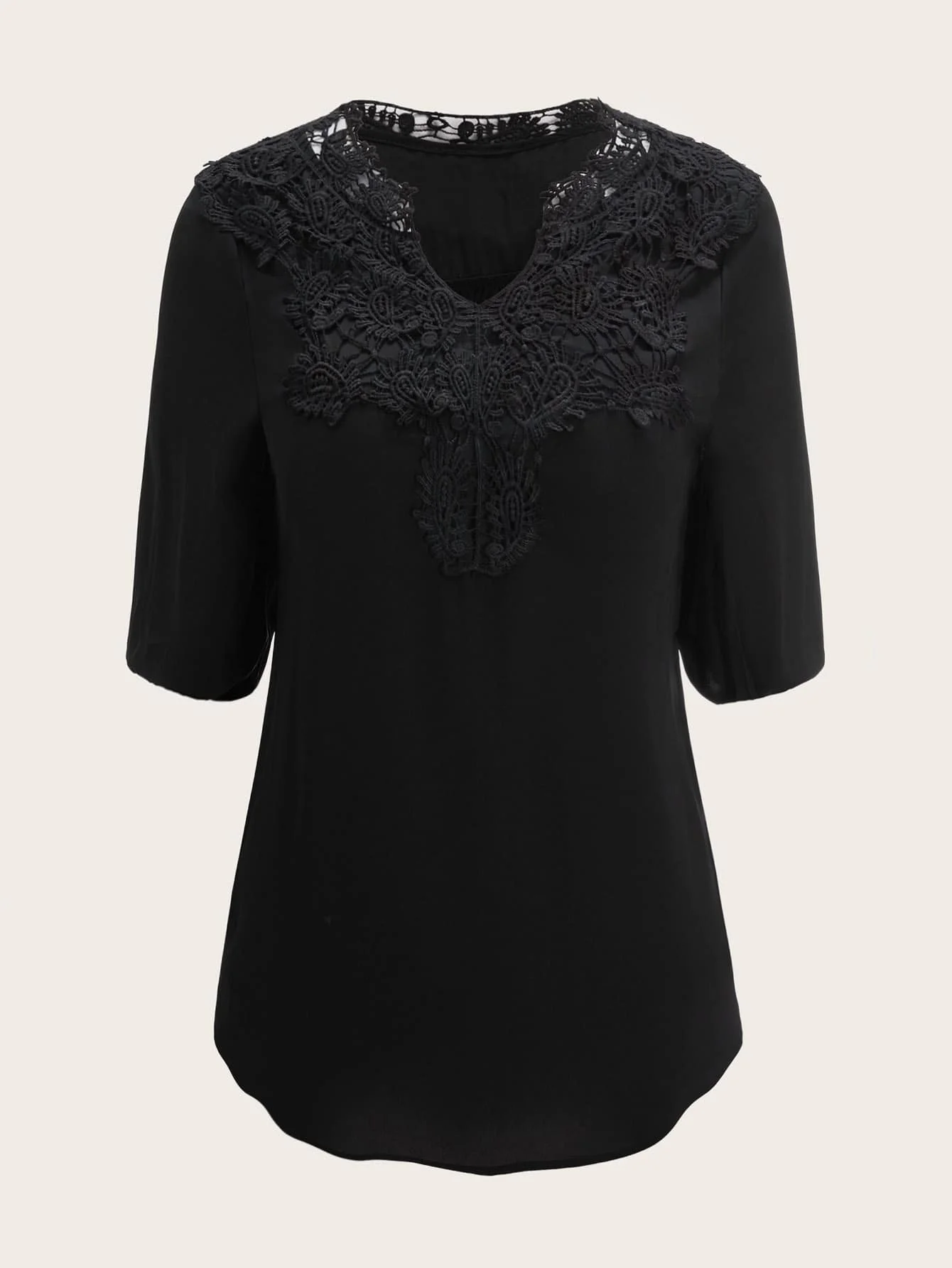 

Finjani Plus Size Casual Blouse, Women's Plus Solid Contrast Lace Half Sleeve V Neck Slight Stretch Shirt Top