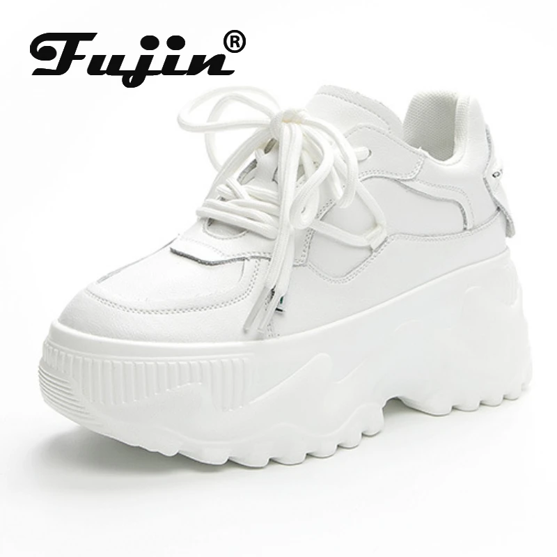 

Fujin 8cm Full Cow Genuine Leather Platform Wedge Breathable Women Casual Sneakers Summer Autumn Lady Comfy White Lace Up Shoes