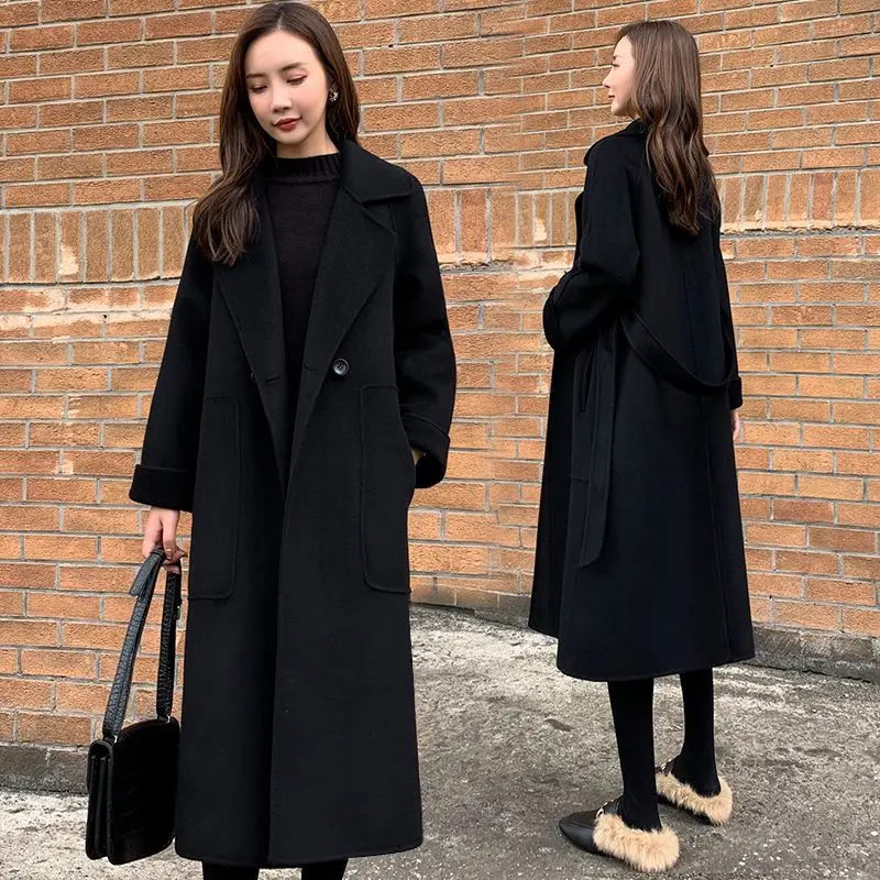 

Women's Clothing Elegant Woolen Trench Coat Female Outerwear Chic Overcoat Single-button Lapel Streetwear Solid Color V3