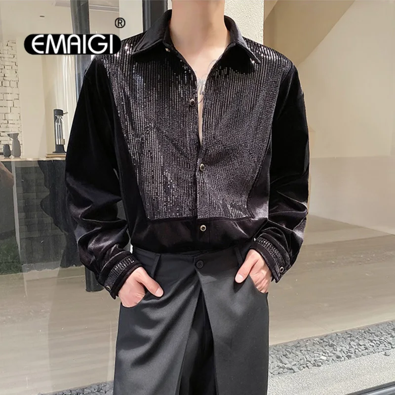 

Autumn Velvet Sequined Men Long Sleeve Loose Causal Vintage Shirts Male Streetwear Palace Style Shirt Performance Stage Clothes