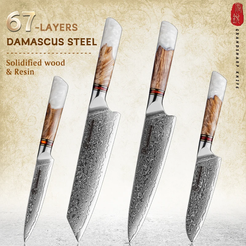 

Grandsharp 4PCS Knife Set Damascus Steel knives 10Cr15C0Mov Steel Vegetables Fruit Slicer kiritsuke Chef Knife Cooking Tools