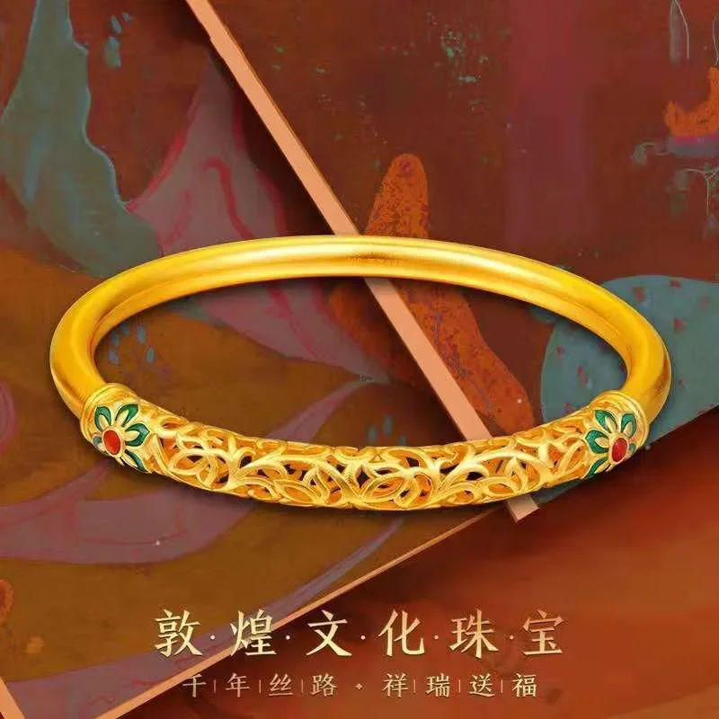 

Real 24K Gold Color Genuine Non-fading Bracelet Copper Gold-plated Dunhuang National Fashion Temperament Simple Women's Bangle