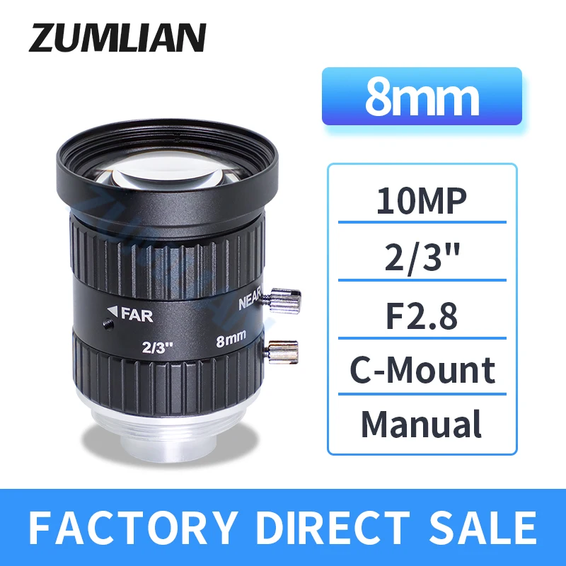 

ZUMLIAN 10MP Lens 8mm Macro C-Mount Lens 2/3 Inch Manual Iris F2.8 CCTV Parts Low Distortion FA Optics Lens for Basler Camera