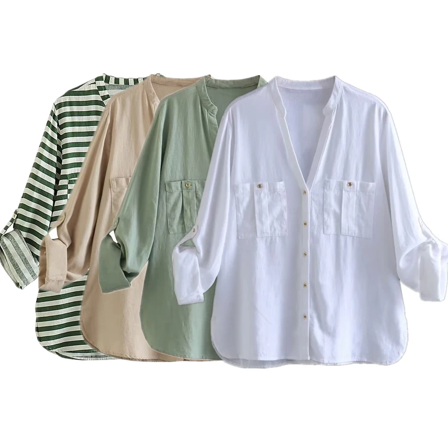 Maxdutti French Commuter Blouse Women Casual Linen Shirt V Neck Roll Up Sleeve Ladies Tops Solid Color Pocket Fashion
Maxdutti French Commuter Blouse Women Casual Linen Shirt V Neck Roll Up Sleeve Ladies Tops Solid Color Pocket Fashion