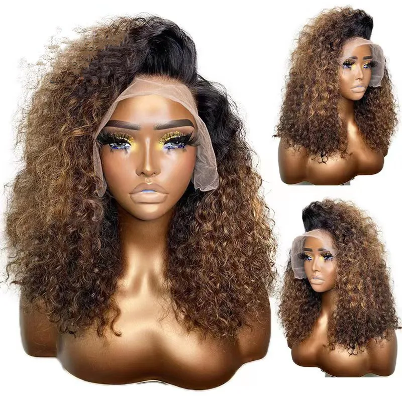 

26inch Ombre Honey Blonde Soft Preplucked Glueless 180Density Long Kinky Curly Lace Front Wig For Black Women BabyHair Daily