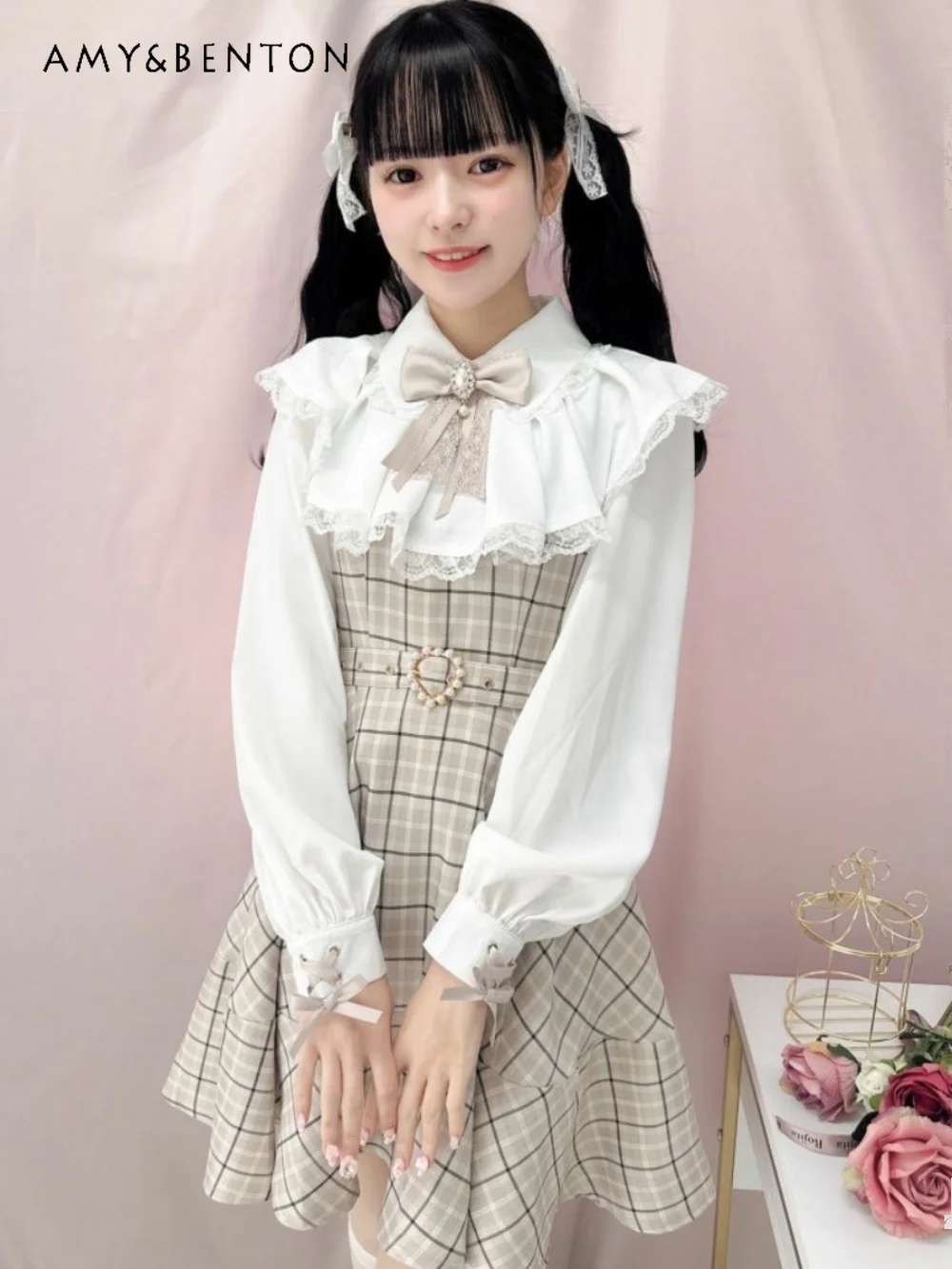 

Japanese Sweet Rojita Cloak Dresses Mine Mass-Produced Patchwork Lolita Dress Preppy Style Cute Bow Belt Lace-up A-line Dress