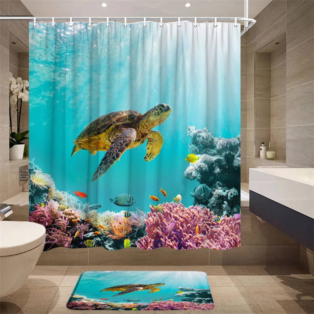 

Занавеска для душа Ocean подводный мир набор рыбьей черепахи акварельный фон из полиэстера экран для душа нескользящий ковер декор для ванной комнаты