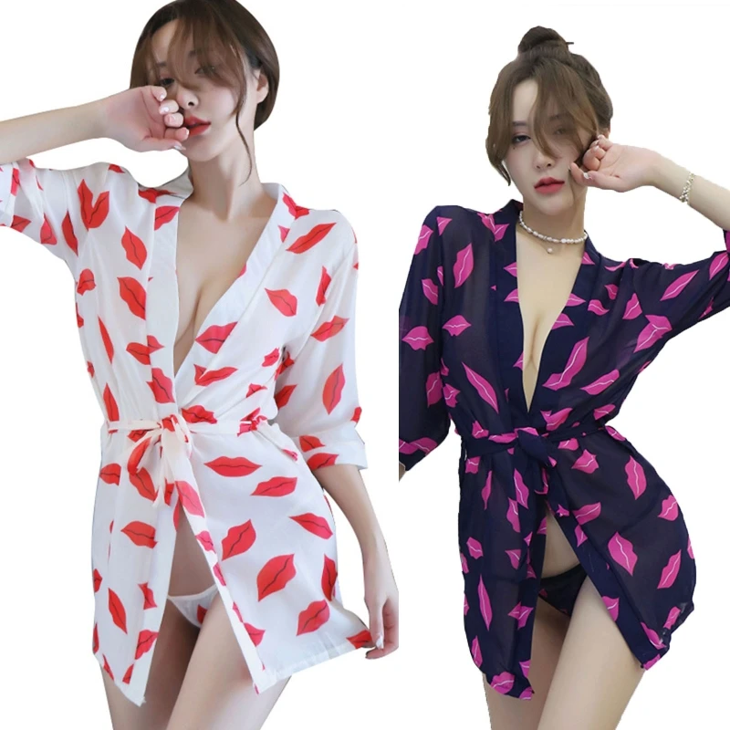 

Women Sexy Open Front Bathrobe Lingerie Set Erotic Red Lips Printed Belted Kimono Robe Chemise Nightgown with G-String Babydoll