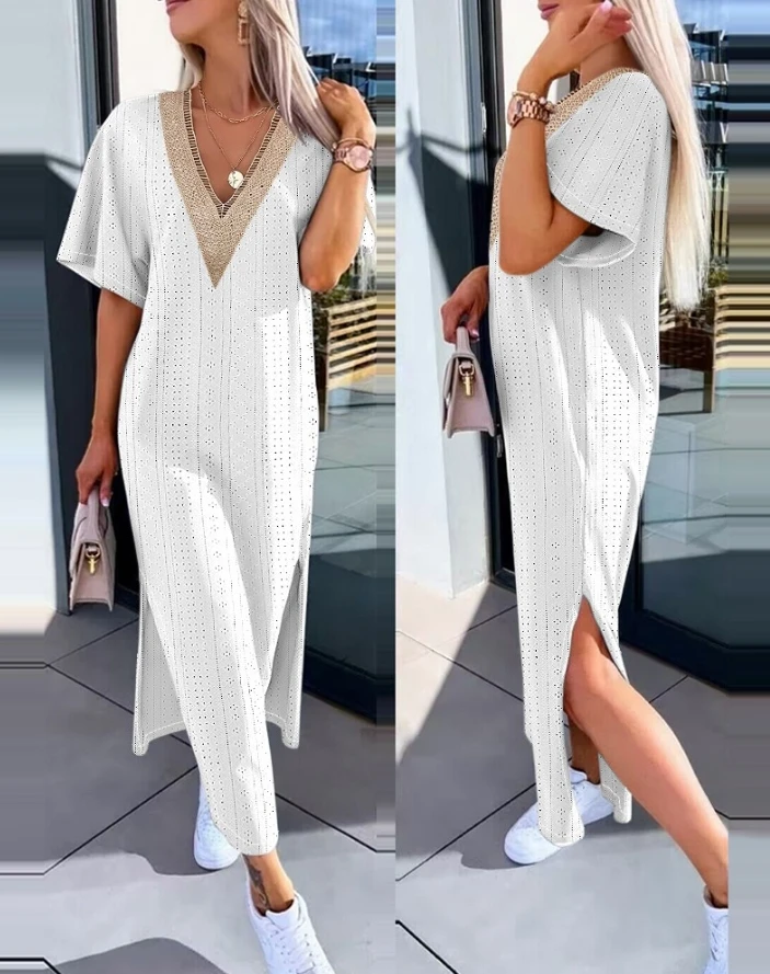 

Women's Style Dress Eyelet Embroidery V-Neck Casual Maxi Dress 2024 Summer Latest Contrast Paneled Short Sleeve Slit Long Skirt