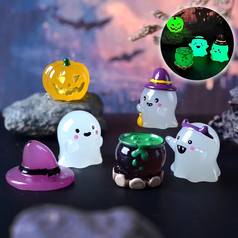 

6Pcs/set Luminous Halloween Ornament Cartoon Wizard Pumpkin Potion Ghost Dolls For Doll House Decor Kids Toys Gift