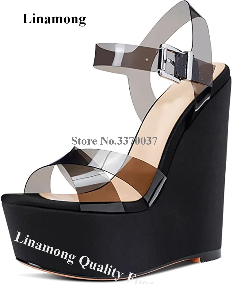 PVC Wedge Sandals Linamong Newest Super High Platform Clear Black PVC Patchwork Wedge Heels Sexy Party Dress Shoes Big Size
PVC Wedge Sandals Linamong Newest Super High Platform Clear Black PVC Patchwork Wedge Heels Sexy Party Dress Shoes Big Size