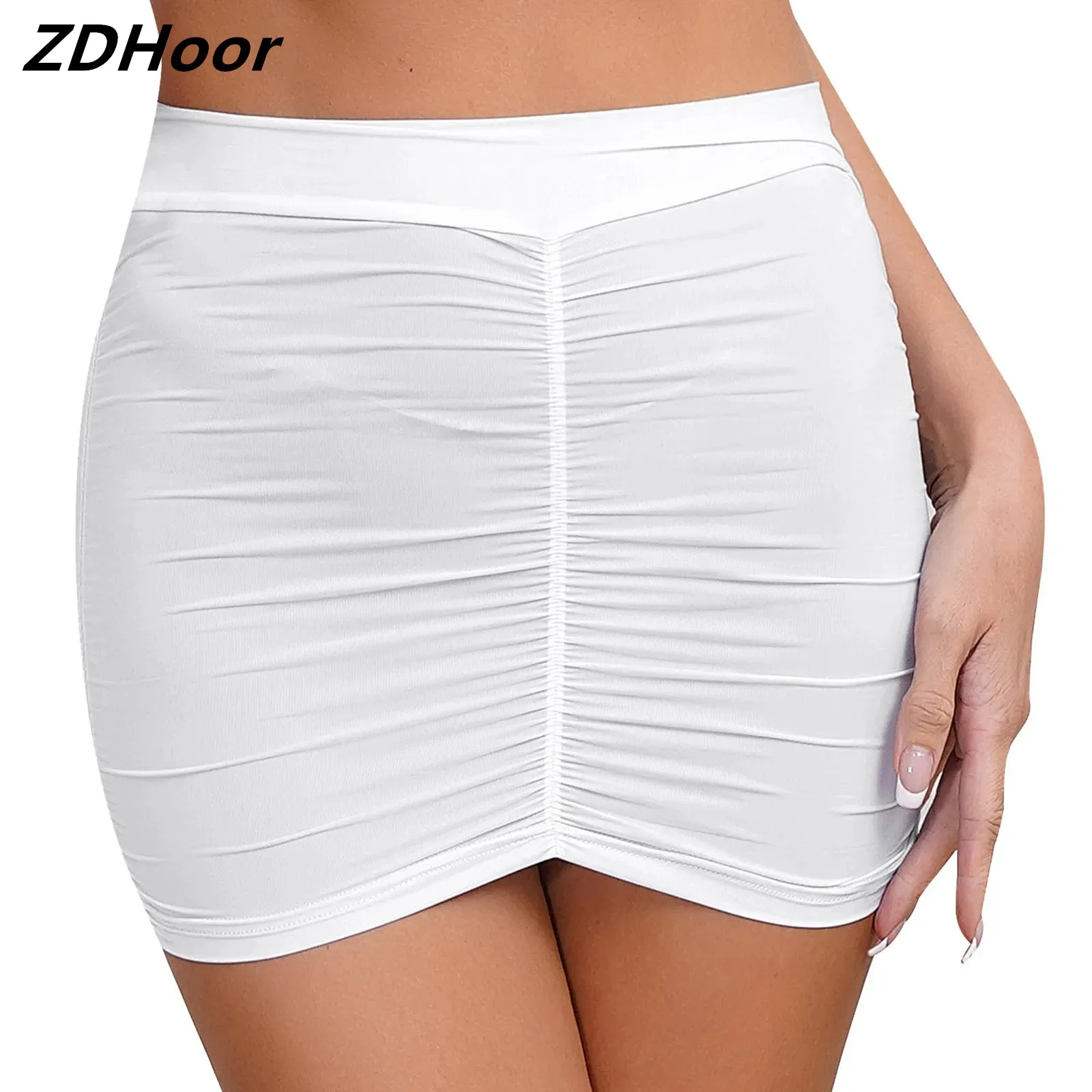 

Womens Tempting Bodycon Mini Skirt Ruched Elastic Bands Semi-Sheer Skirt Hip Wrap Lingerie Skirt for Nightclub Nightwear