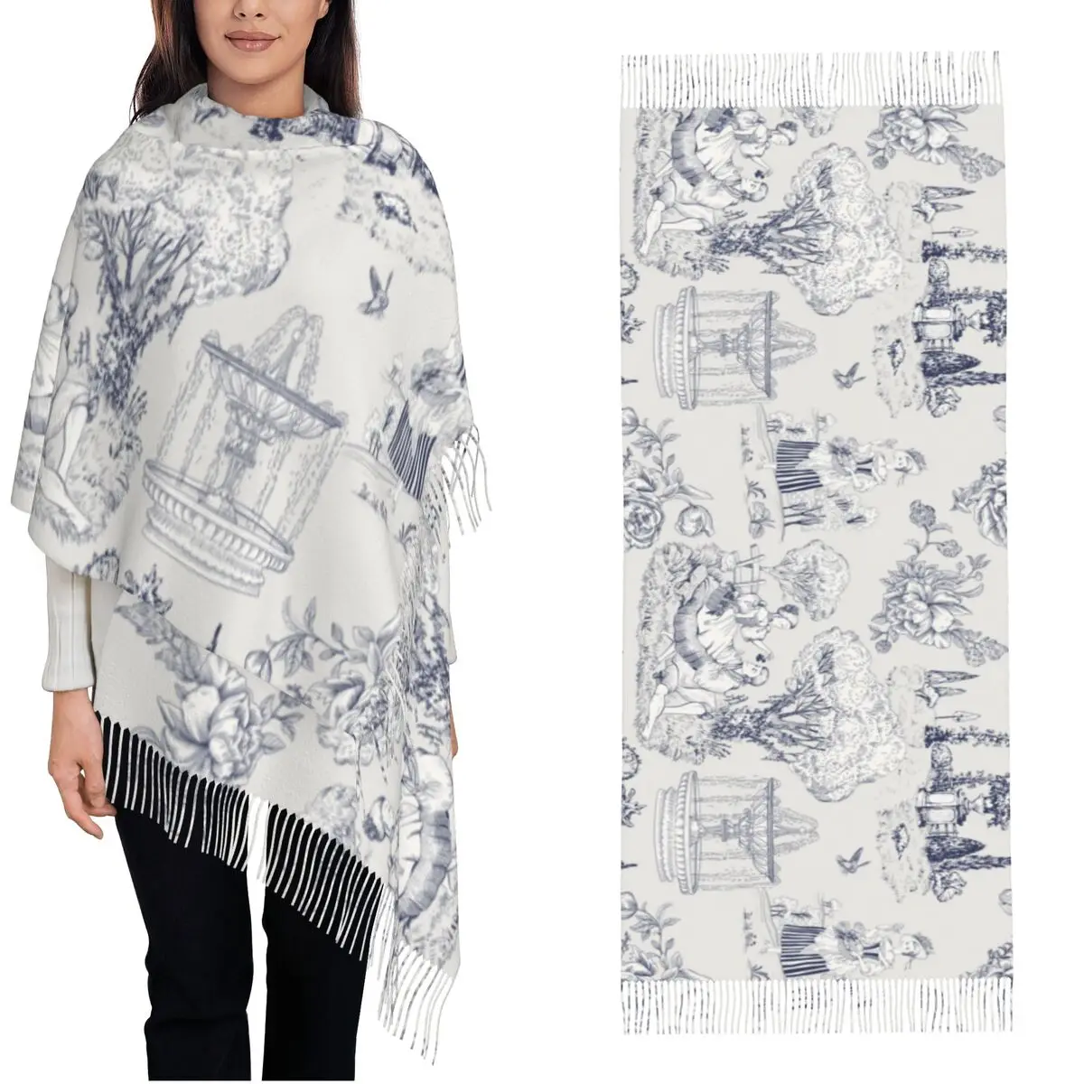 

18th Centurey French Toile De Jouy Shawls Wraps for Women Winter Warm Large Long Scarf Vintage Landscapes Pashmina Tassel Scarf