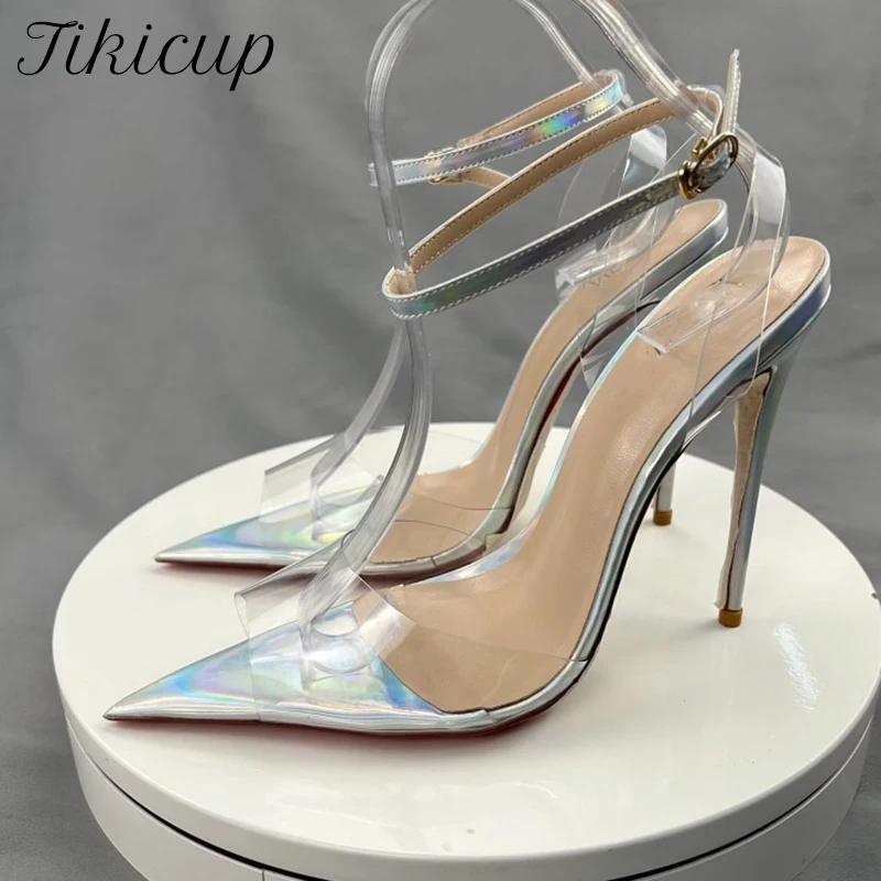 

Tikicup Summer Women Sexy Ankle Straps Transparent Soft PVC Pointy Toe High Heel Slingback Jelly Stiletto Pumps 12cm 10cm 8cm