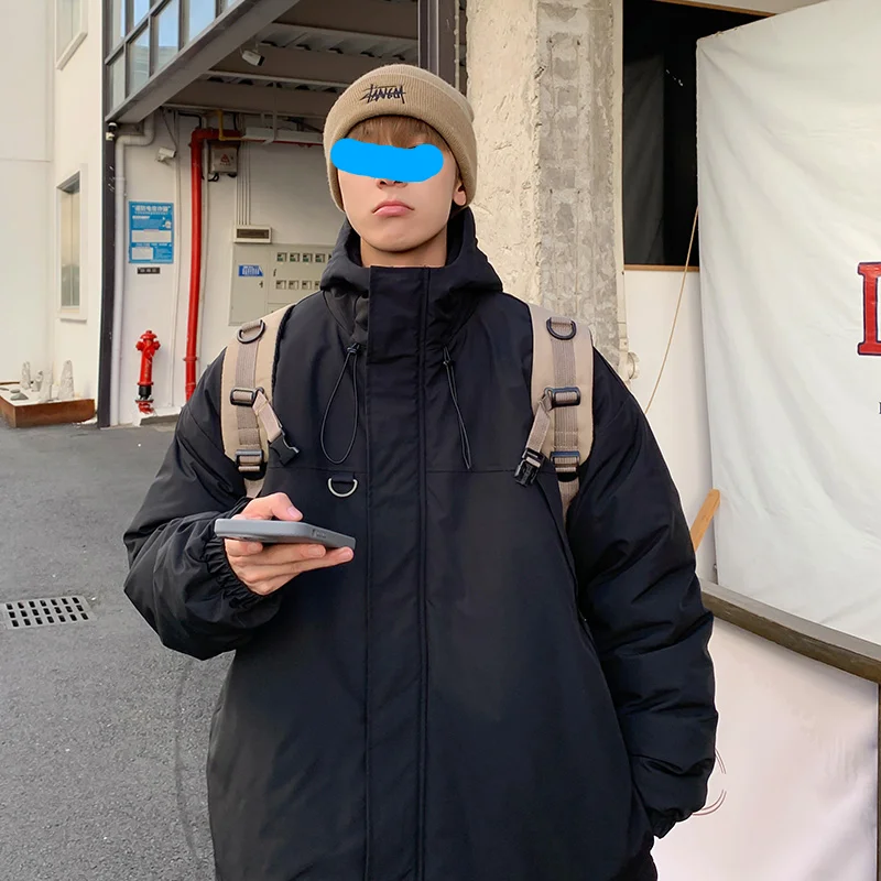 Пальто мужское зимнее теплое с капюшоном, хлопковая парка, Повседневная трендовая однотонная уличная ветрозащитная свободная фотография на молнии с Кулиской 
Пальто мужское зимнее теплое с капюшоном, хлопковая парка, Повседневная трендовая однотонная уличная ветрозащитная свободная фотография на молнии с Кулиской