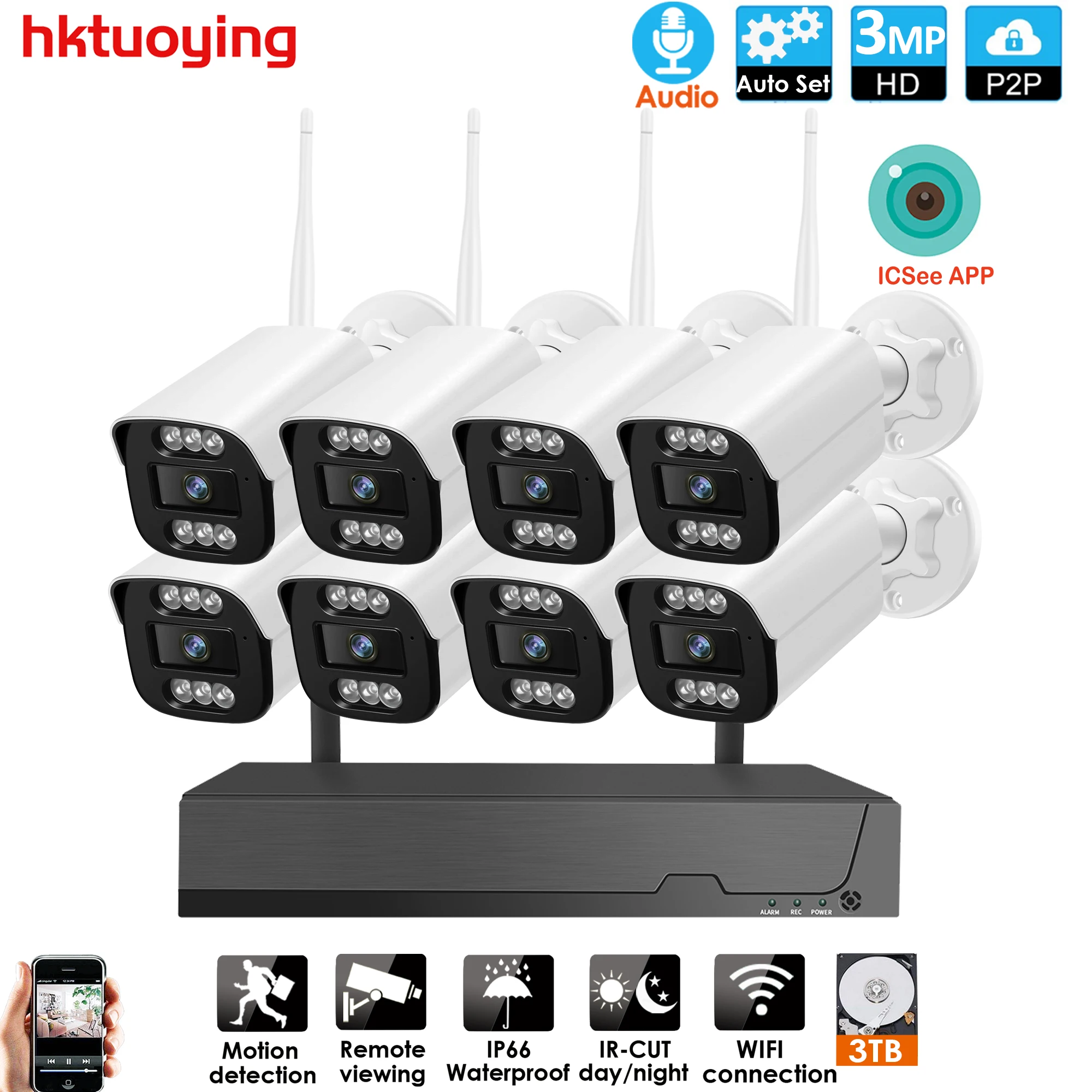 

XMEYE 8CH Audio CCTV System Wireless 3MP NVR Outdoor Indoor P2P Wifi IP Security Network Camera Surveillance Kit icsee APP