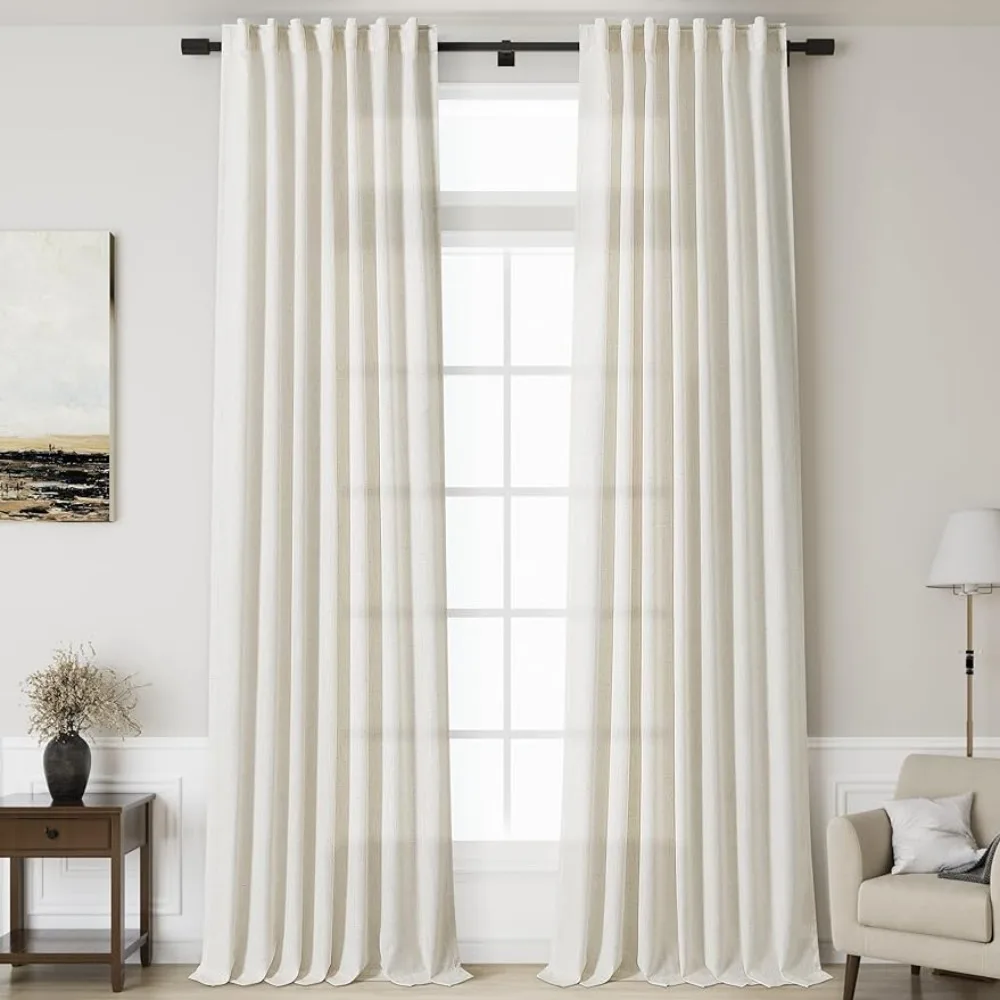 

144 Inch Long Curtains Set for Living Room Neutral Farmhouse Extra LongSemi Sheer Linen Curtain for Floor Ceiling High Window