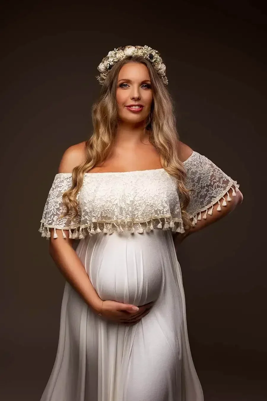 

Slash Neck Maternity Photo Shoot Long Dresses Jersey Ruffles Maternity Lace Photography Maxi Gown