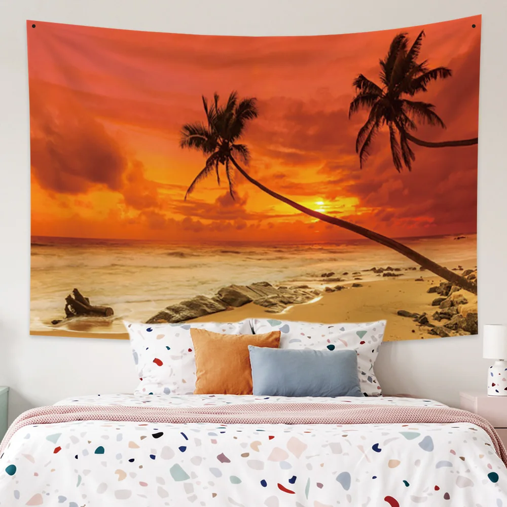 

Seaside Dusk Sunset Coconut Tree Landscape Decorative Tapestry Bohemian Art Deco Blanket Hanging Wall Bedroom Living Room