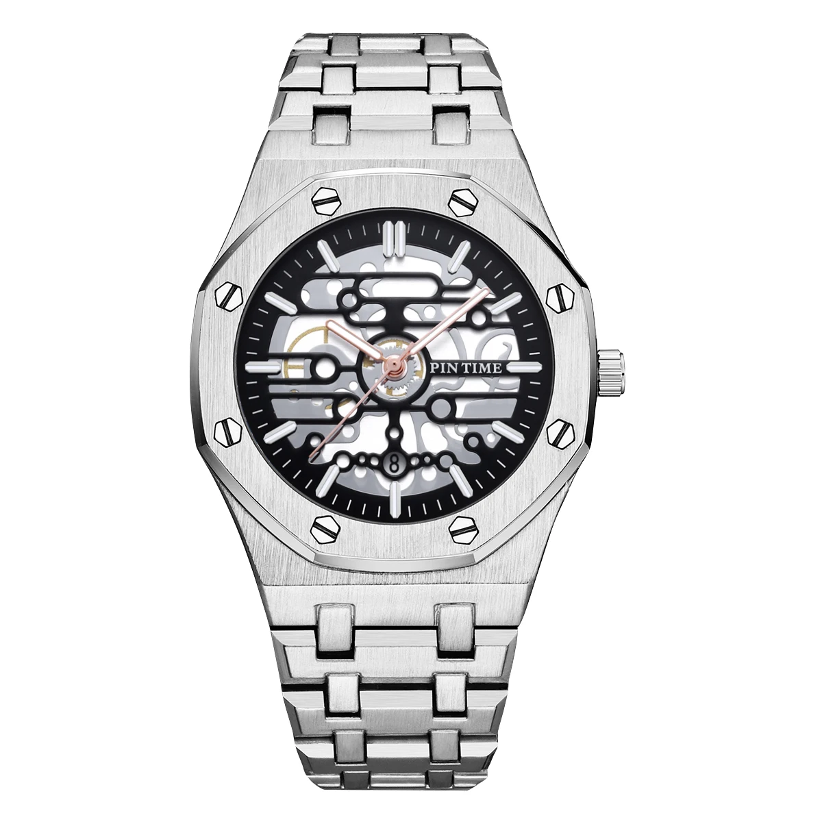 

Luxury Stylish Men's Octagon Watch Stainless Steel Skeleton Dial Quartz Wristwatch Auto Date Luminous Waterproof Clock