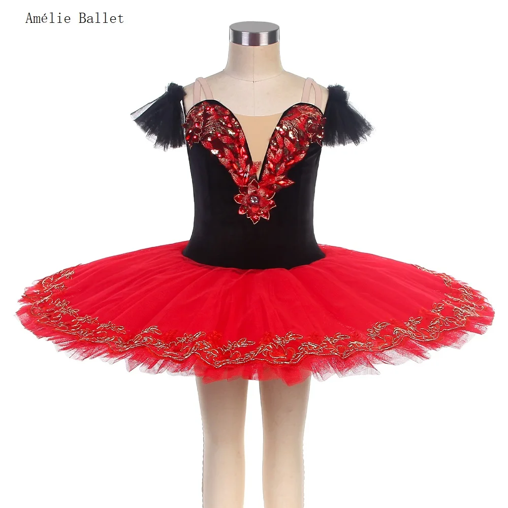 

BLL418 Top Quality Professional Ballet Dance Tutu Black Velvet Bodice with Red Pancake Tutu Skirt Girls & Women Ballerina Tutus