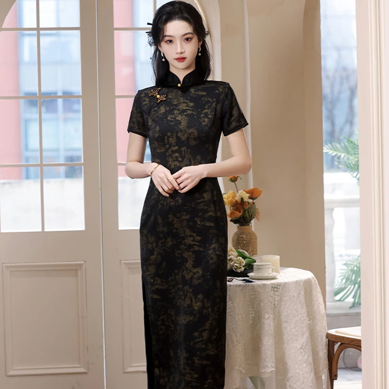 

Black Sexy Slim Split Cheongsam New Chinese Improved Retro Qipao Summer Short Sleeve Elegant Dresses Women Traditional Dress