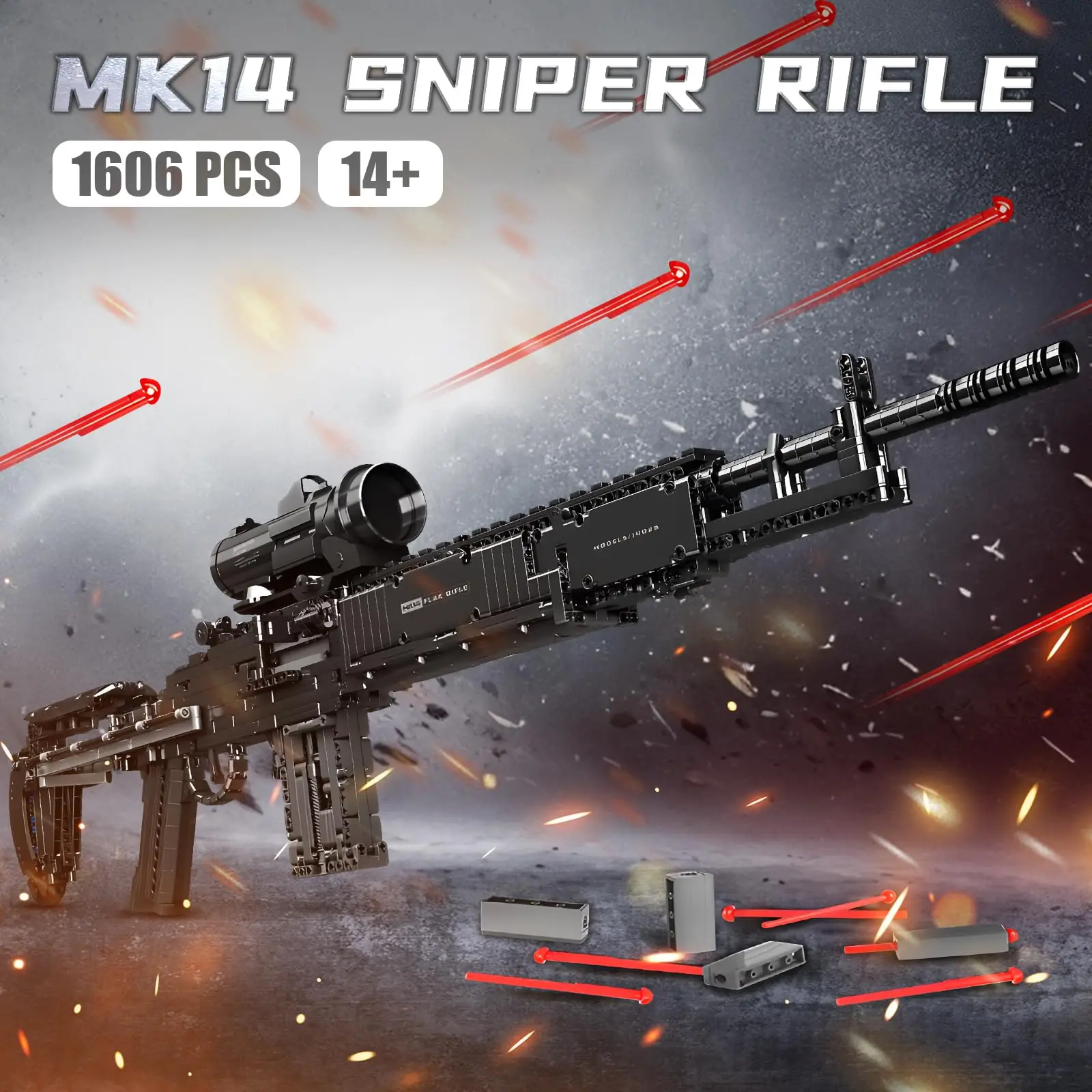 1606Pcs MK14 Building Blocks Guns 1:1 Simulation Model Toy with Shooting Function Set Cool DIY Collectible Building Bricks Gifts 1606Pcs MK14 Building Blocks Guns 1:1 Simulation Model Toy with Shooting Function Set Cool DIY Collectible Building Bricks Gifts