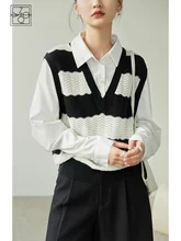 ZIQIAO Polo Collar Full Sleeve Fake Two Piece Knitted Sweater Straight Patchwork Design Pullovers Office Lady Wavy Stripe
ZIQIAO Polo Collar Full Sleeve Fake Two Piece Knitted Sweater Straight Patchwork Design Pullovers Office Lady Wavy Stripe