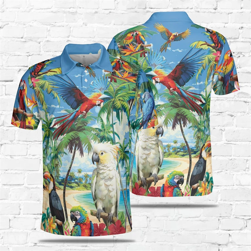 

Parrot Birds Polo Shirts For Men Clothes Summer Hawaiian Vacation Beach Short Sleeve POLO Shirt Tropical Cockatoo Bird Y2K Tees