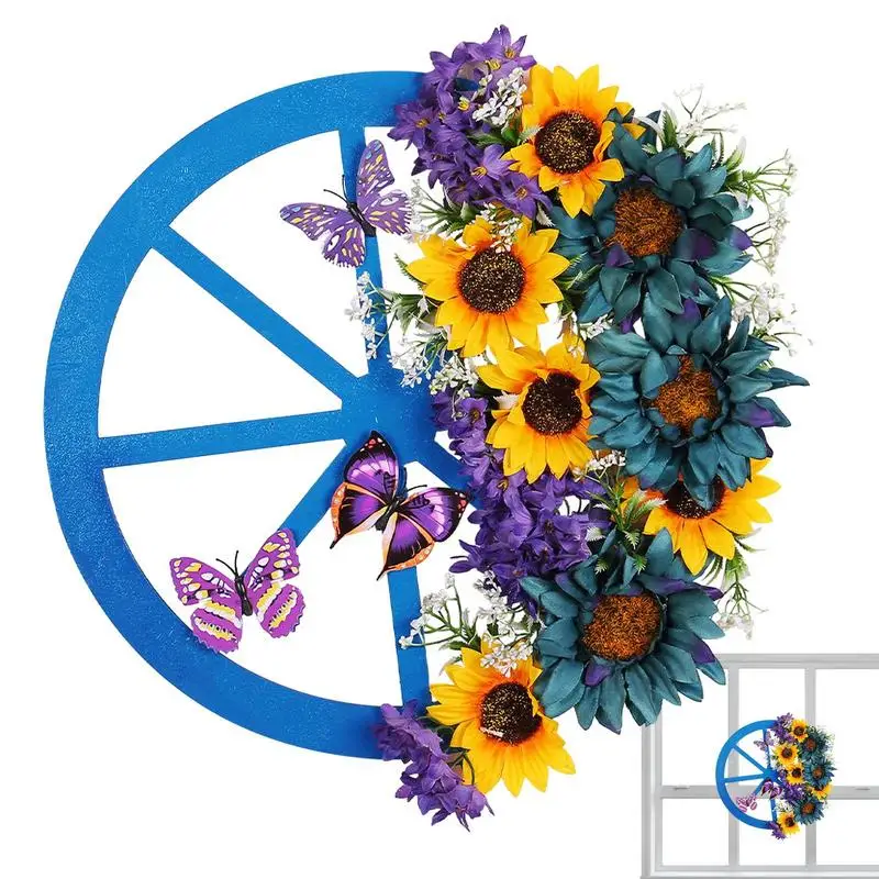 

Spring Wreath Outdoor Blue Wheel Garland Decorative Door Wreath Artificial Wall Flowers Wreaths With Sunflowers Butterflies