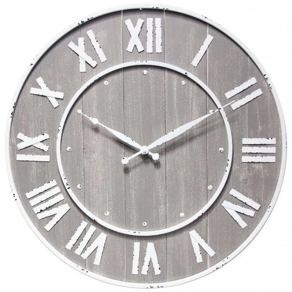 

23" Rustic Wood Metal Wall Clock Open Face Roman Numerals Quartz Indoor Round Display Analog Gray AA Battery Operated 1-Year