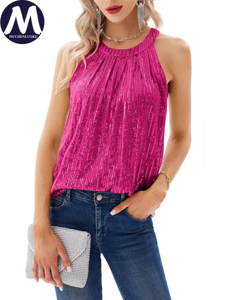 

T-shirts for Women 2024 Summer New Solid Sexy Sleeveless Sequined Style Tanks Fashion Fit Hanging Neck Women's Tank Tops