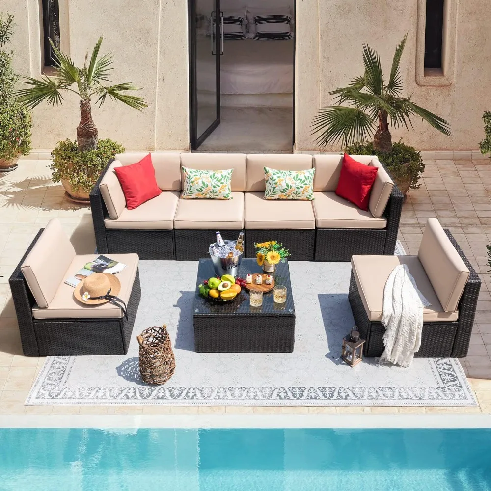 7 Pieces Sectional Sofa Patio Furniture Sets Manual Weaving Wicker Rattan Patio Conversation with Cushion and Glass Table(Beige)
7 Pieces Sectional Sofa Patio Furniture Sets Manual Weaving Wicker Rattan Patio Conversation with Cushion and Glass Table(Beige)