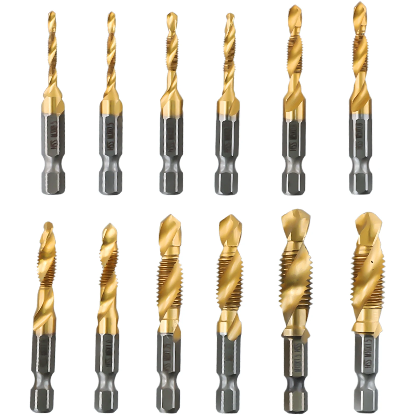 12pcs Metric 4341 Material Titanium Plated HSS Screw Thread Metric Tap Drill Compound Tap Electric Drill Bit Replacement
12pcs Metric 4341 Material Titanium Plated HSS Screw Thread Metric Tap Drill Compound Tap Electric Drill Bit Replacement