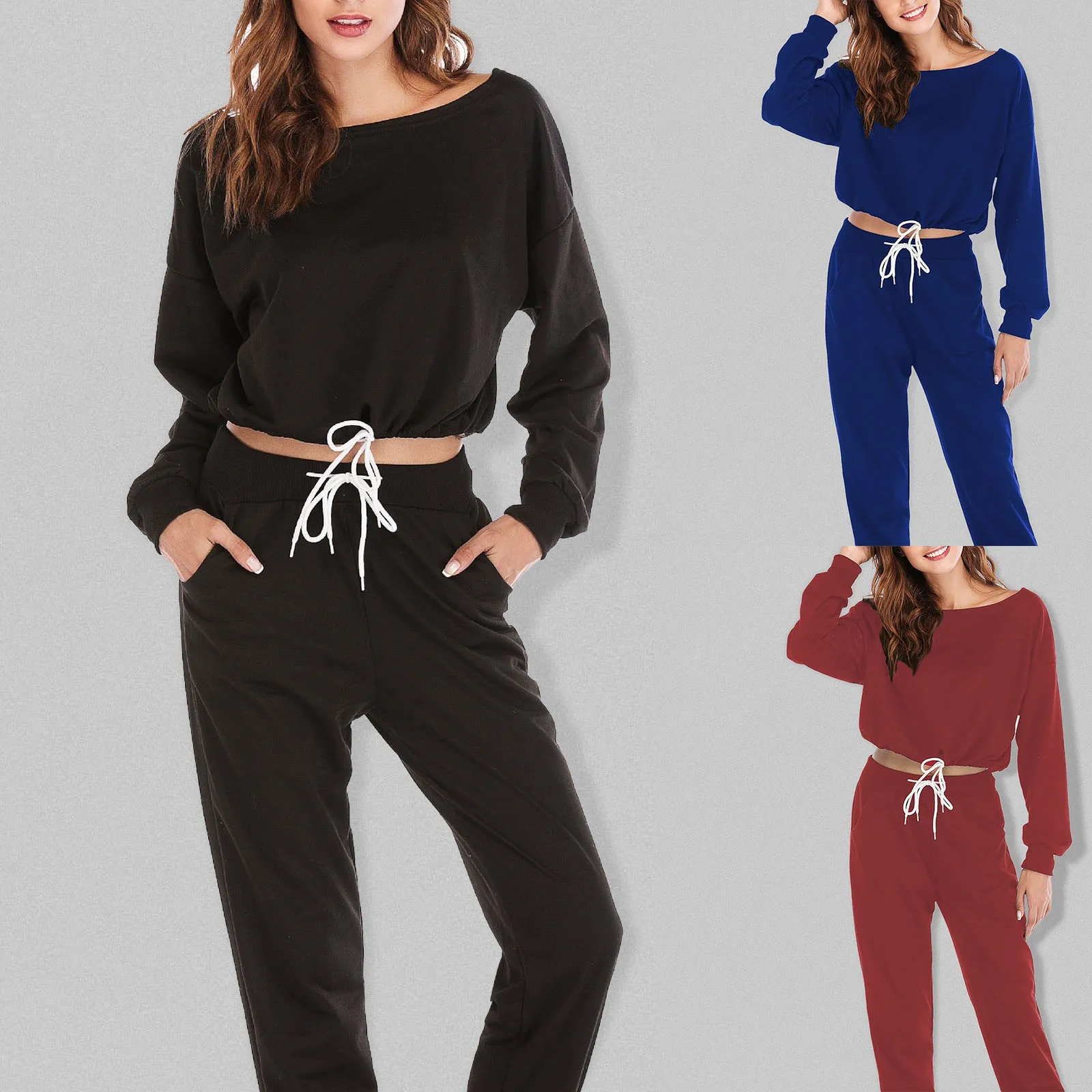 Women'S Solid Color Sweatshirt Set Round Neck Drawstring Top High Waist Trouser Belted Two Piece Set Female Autumn Suits
Women'S Solid Color Sweatshirt Set Round Neck Drawstring Top High Waist Trouser Belted Two Piece Set Female Autumn Suits