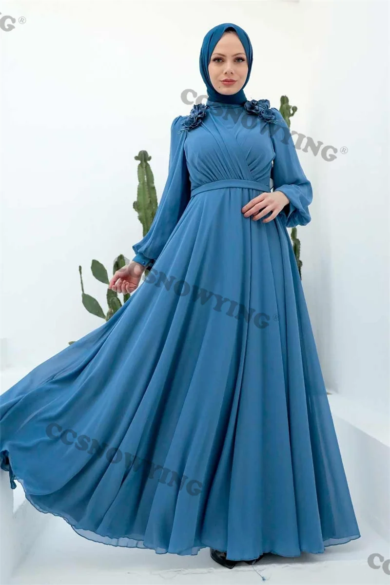 

Brand new Flower Chiffon High Neck Puffy Sleeve Prom Dress Formal Occasion Dresses Arabic Dubai Kaftan