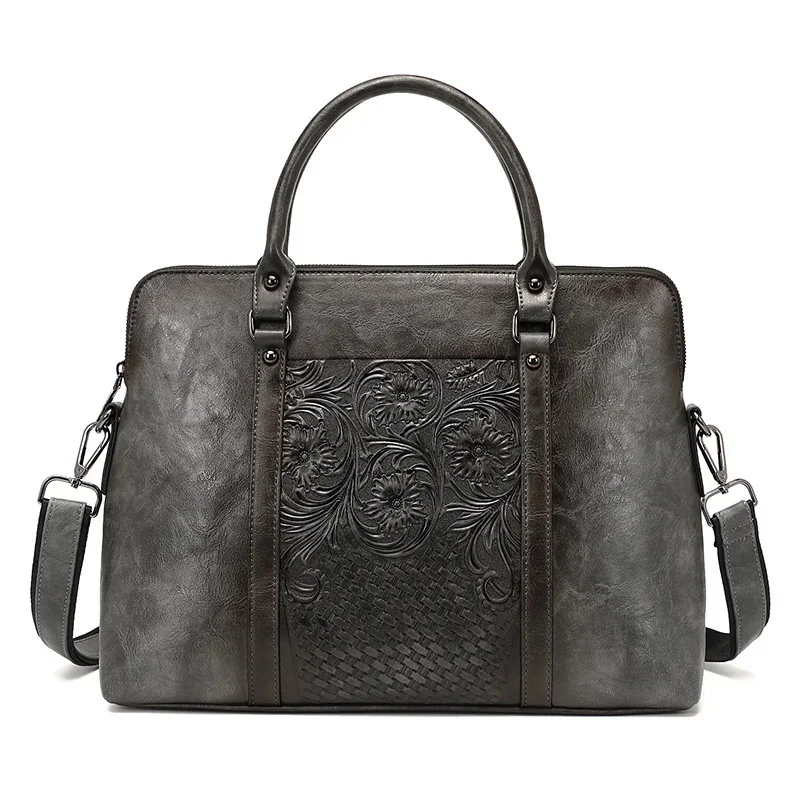 

Female Retro Embossed Women Briefcase for 14 Inch Laptop High Quality Leather Handbag Large Capacity Vintage Shoulder Bag
