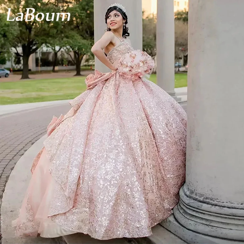 

LaBoum Women’s Blush Pink Quinceanera Dresses Sequined Bow Back Strapless Ball Gowns Graduation Vestidos De 15 Años Sweet 16