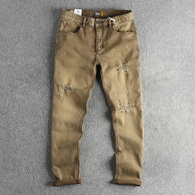 

Khaki Ripped Hole Destroyed Distressed Washed Denim Jeans for Men Vintage Slim Fit Straight Pants for Youth 100% Cotton Trousers
