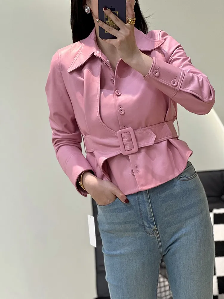 

2023Leather coat,Spring New Women Pink Sheepskin Genuine Leather Jacket Office Ladies Belted Slim Fit Short Coat Moto Biker Autu