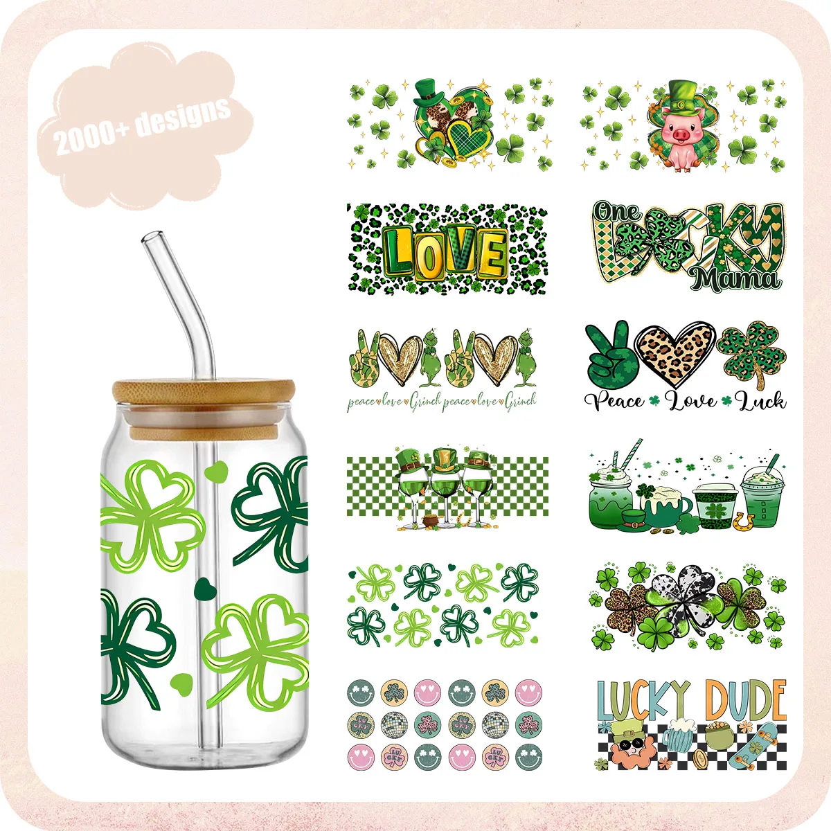 

wholesale 16oz Waterproof St. Patrick's Day UV dtf cup wrap transfers Ready To Transfer 3D UV Dtf Cup Wraps for Cups Tumblers