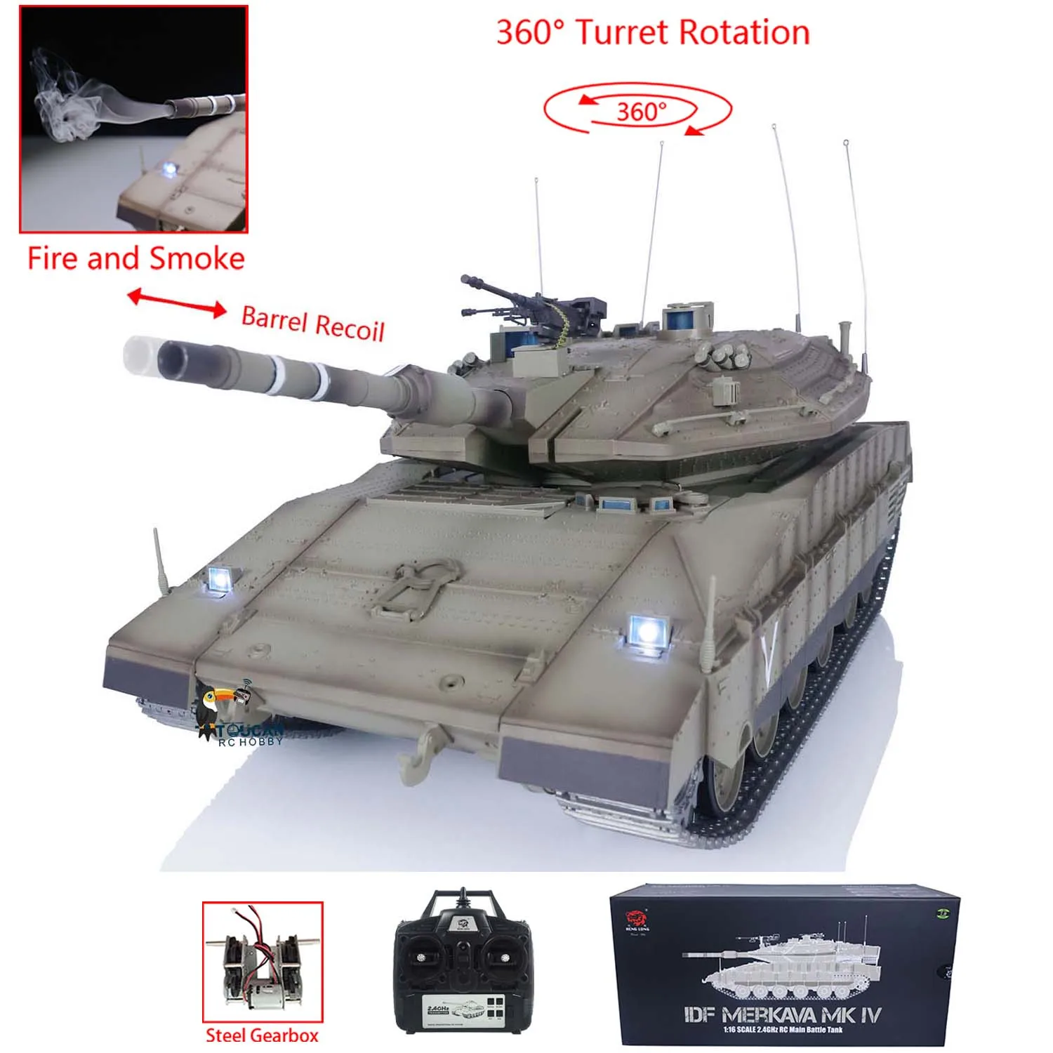 

1/16 Heng Long Upgraded Ver RC Tanks IDF Merkava MK IV Open Fire Smoking 360° Rotating Metal Track TH22649