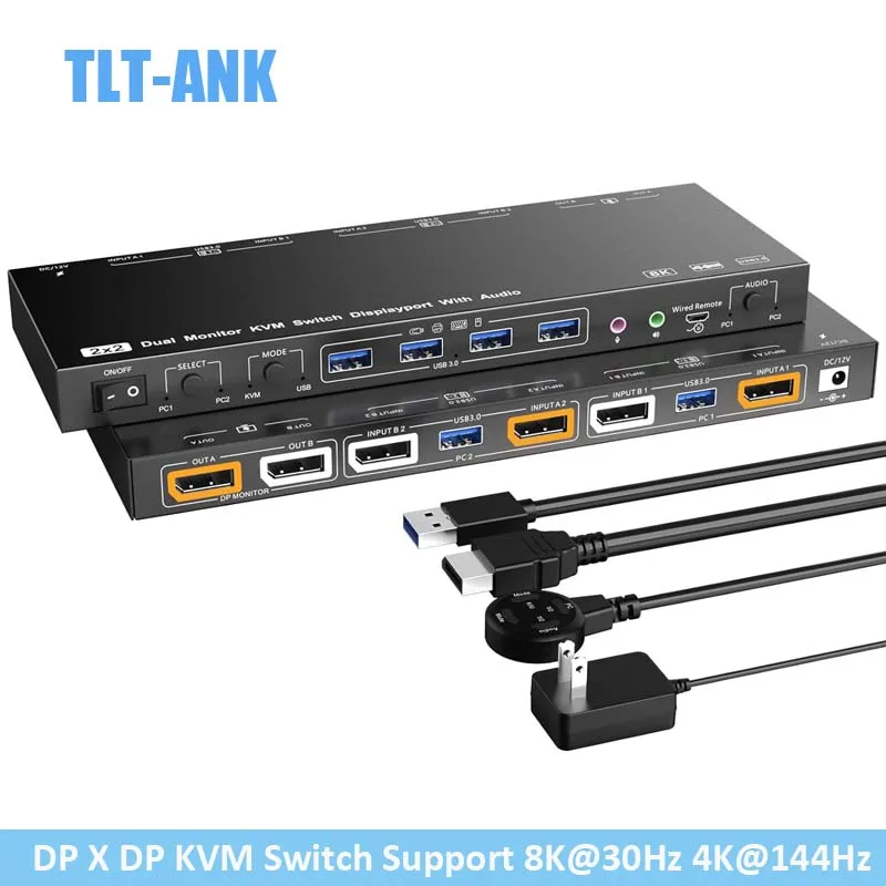 

KVM Switch 2 Monitors 4 USB 3.0 HUB Support KVM Mode and USB Mode Voice Controlled DisplayPort KVM Switch 8K@30Hz 4K@144Hz