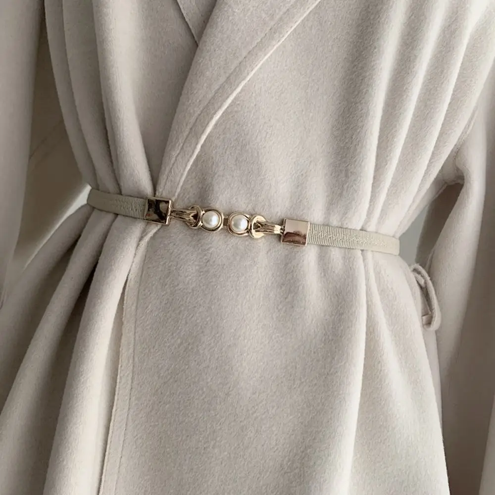 

Elegant Elastic Metal Buckle Knot Solid Color Double Pearl Thin Waistband Female Waist Strap Leather Belt Dress Decoration
