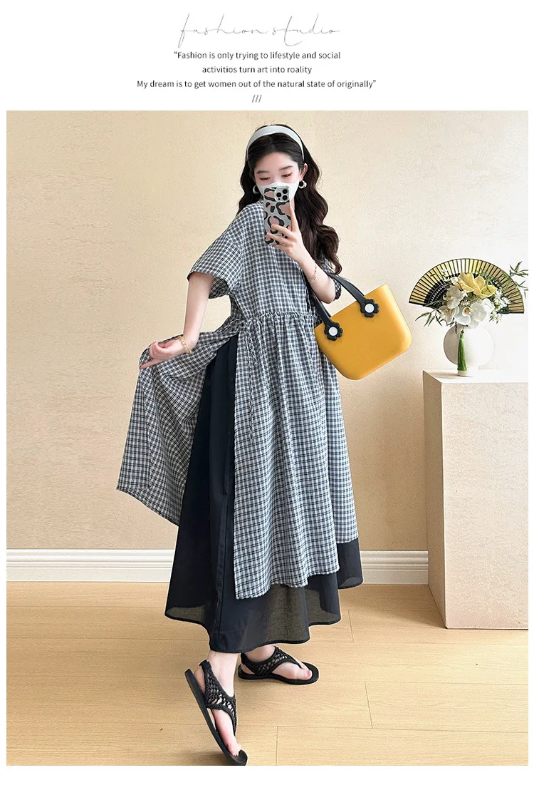 Summer Maternity Dress: Fashionable Checkered Fake Two-Piece Shirt Dress - Stylish & Comfortable Pregnancy Wear for Trendy Moms 13 S7d7099a2aca54aada68450833745a6d2X