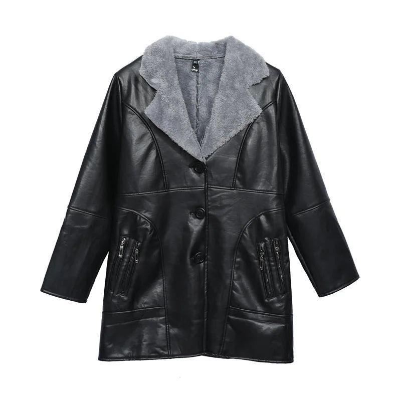 Autumn Winter Women Leather Jackets Loose Long Coats Solid Black With Wool Liner Christmas Gifts 
Autumn Winter Women Leather Jackets Loose Long Coats Solid Black With Wool Liner Christmas Gifts
