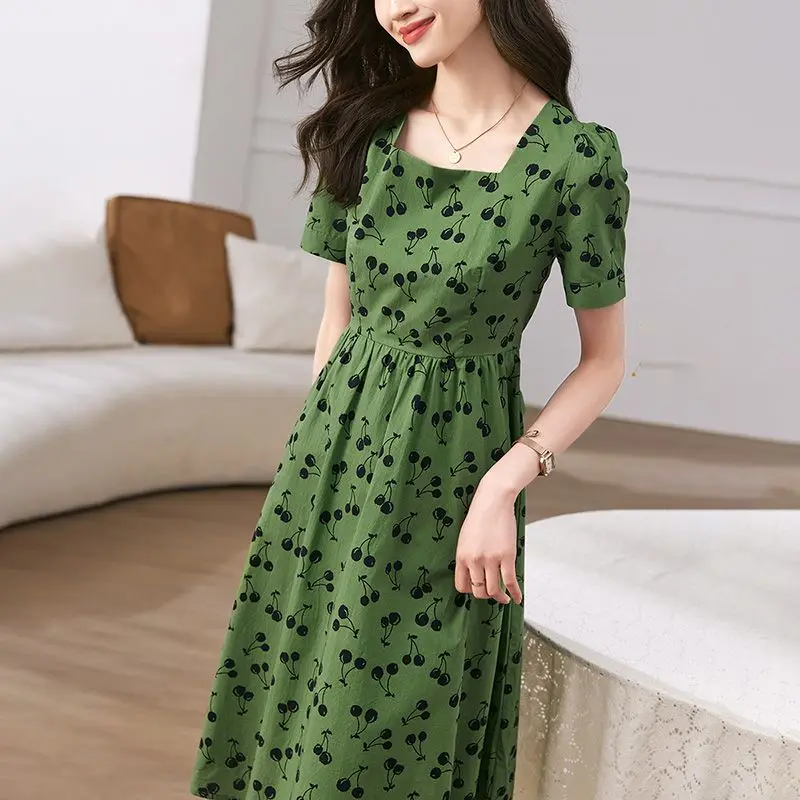 

2024 Fashion Summer Ruffles Dress Vintage Print Holiday Party Vestido Robes Femme for Women Short Sleeve A-line Sundress A105